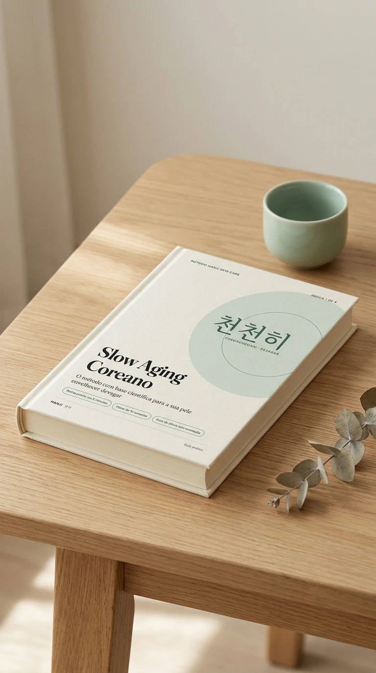 Ebook Slow Aging Coreano como livro sobre uma mesa de madeira clara, ao lado de uma xícara verde-celadon