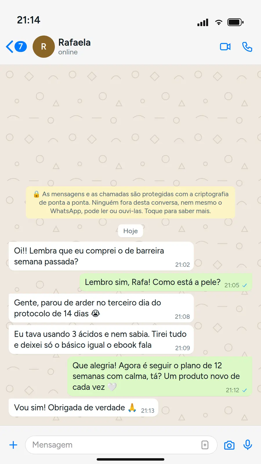 Print de conversa com a cliente Rafaela sobre o método