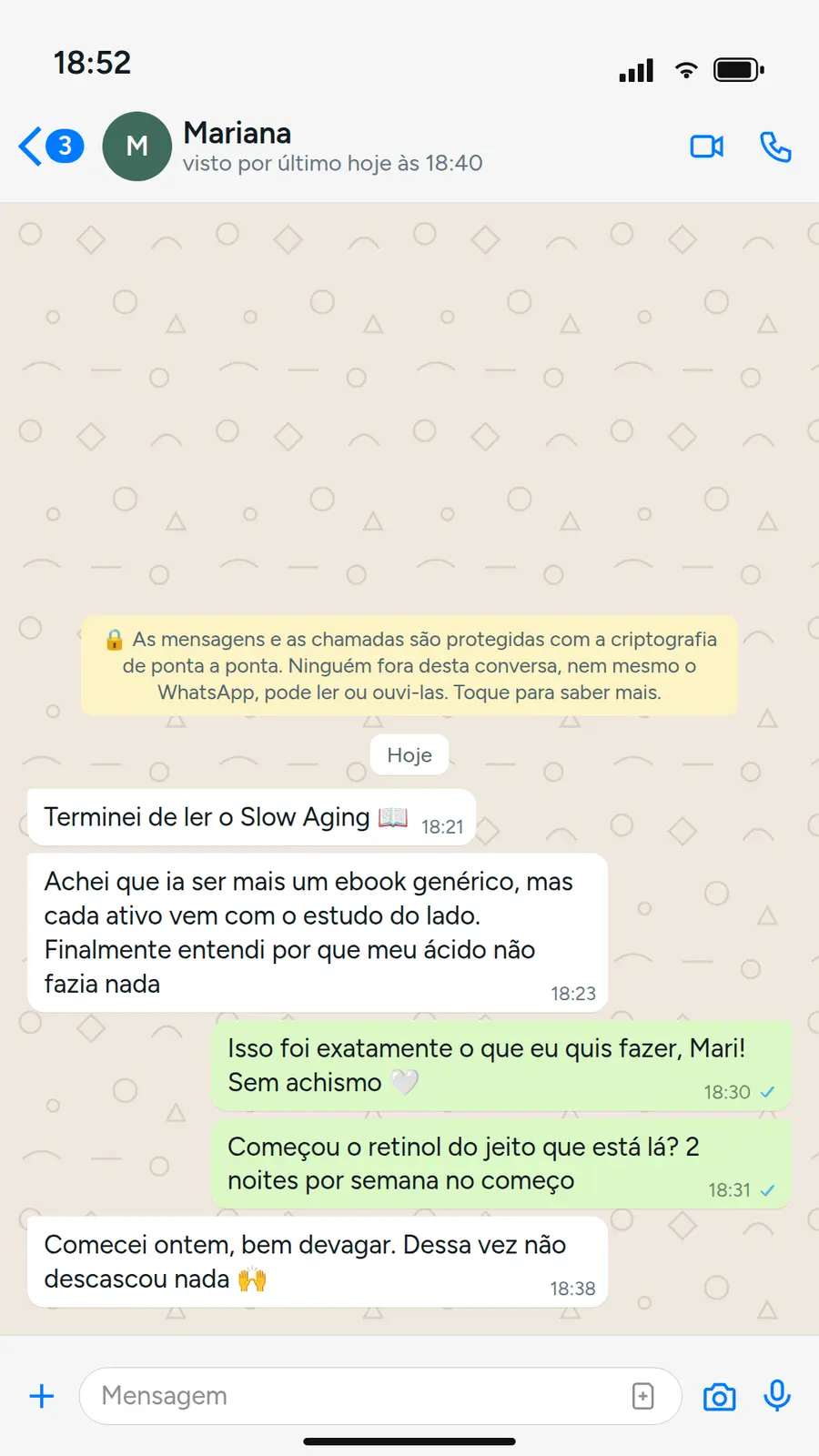 Print de conversa com a cliente Mariana sobre o método
