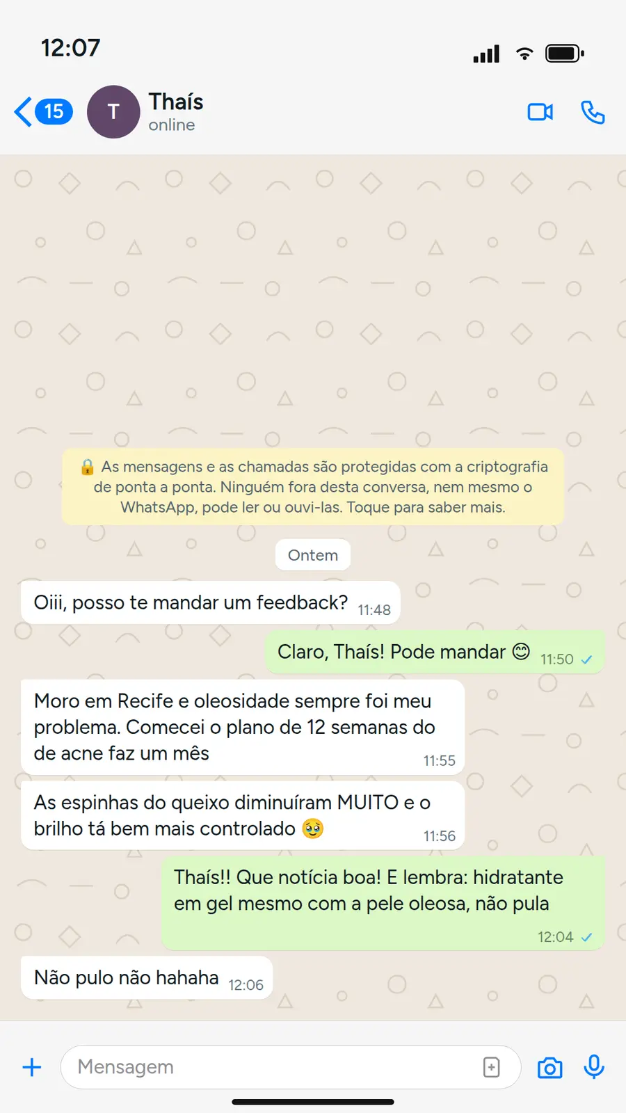 Print de conversa com a cliente Thaís sobre o método