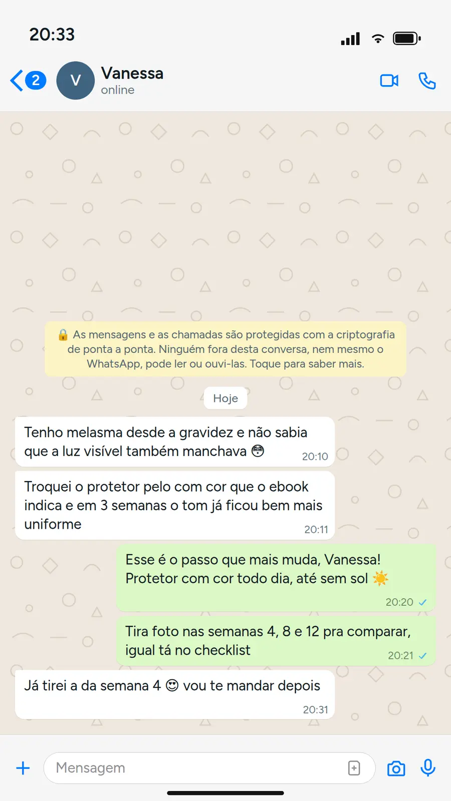 Print de conversa com a cliente Vanessa sobre o método