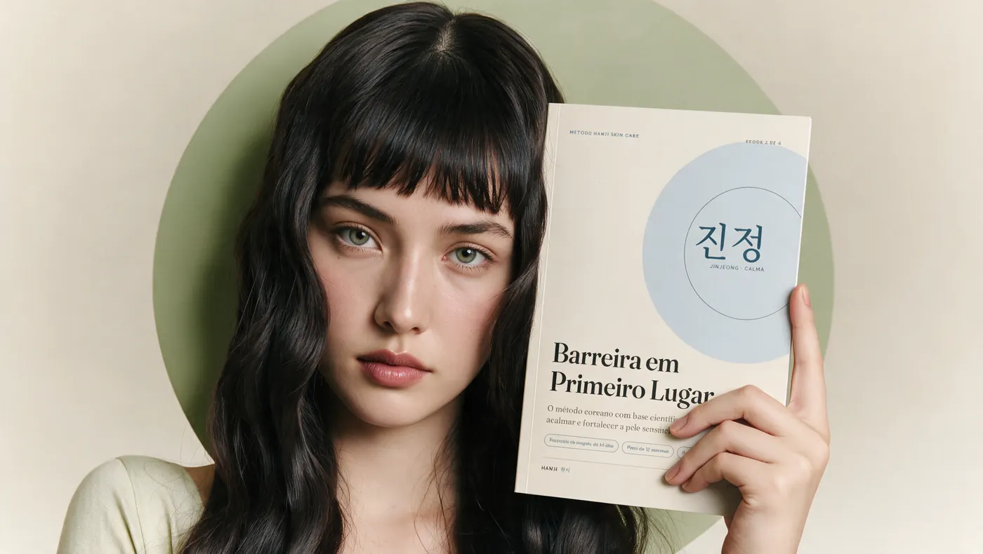 Modelo segurando o ebook Barreira em Primeiro Lugar diante de um círculo verde