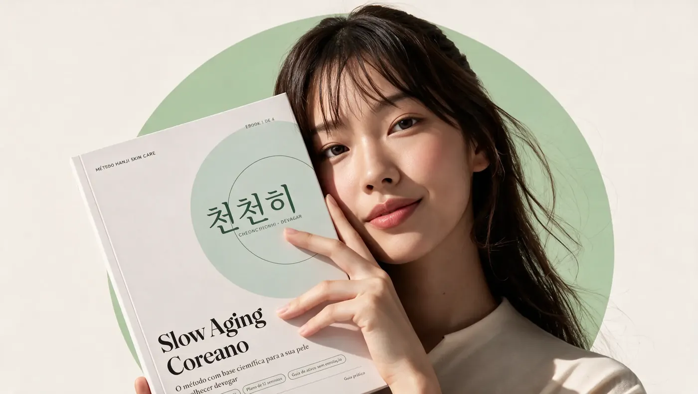 Modelo segurando o ebook Slow Aging Coreano diante de um círculo verde-celadon