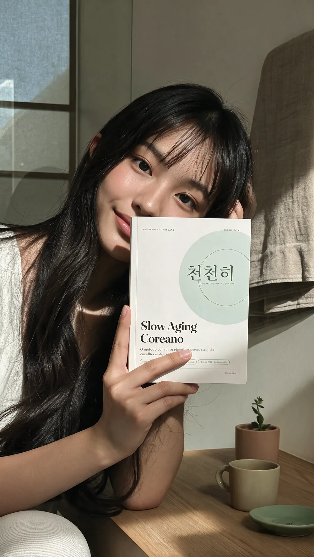 Jovem apoiada na mesa, sob a luz do sol, segurando o ebook Slow Aging Coreano