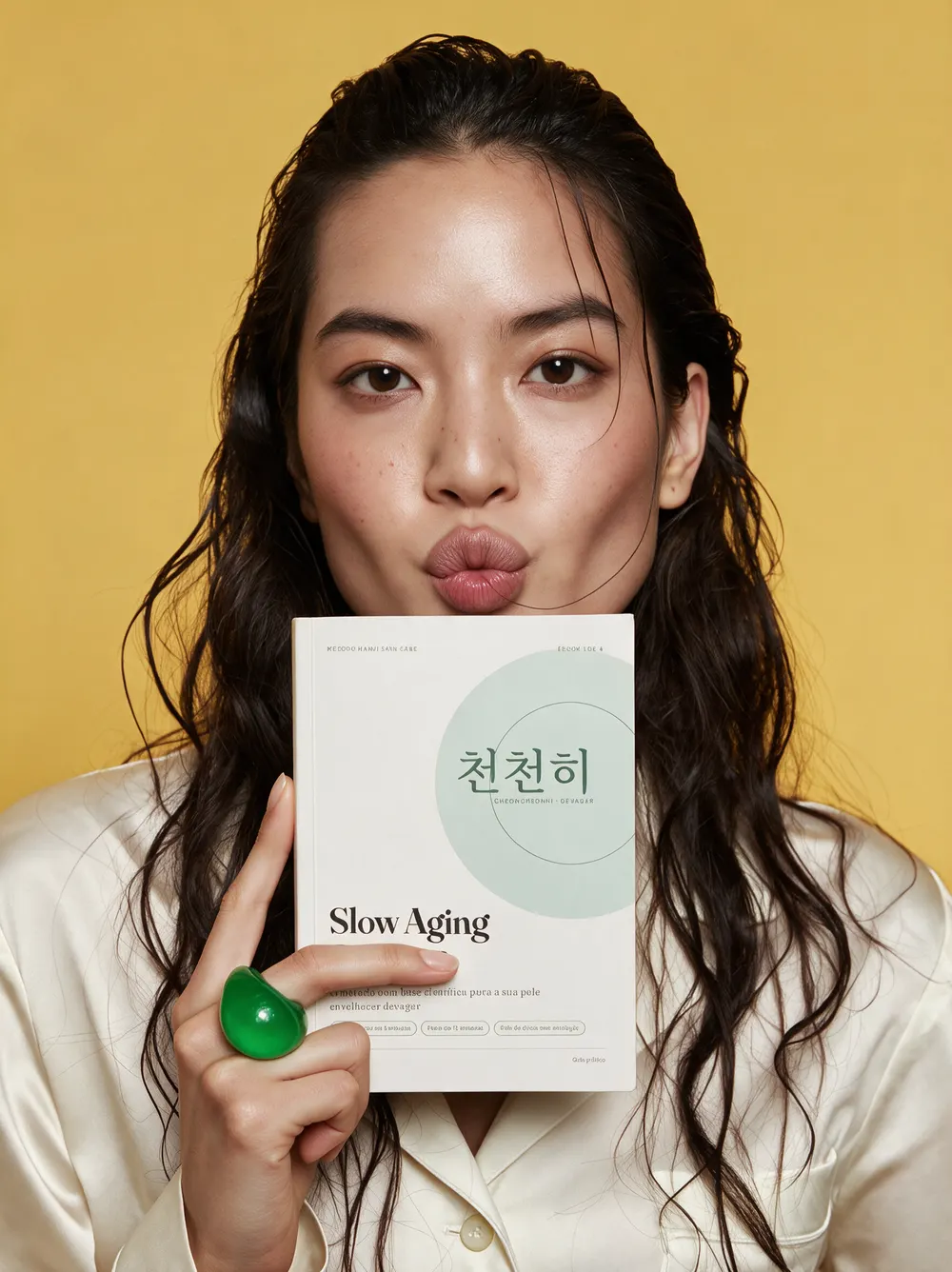 Modelo de camisa de cetim em fundo amarelo segurando o ebook Slow Aging Coreano